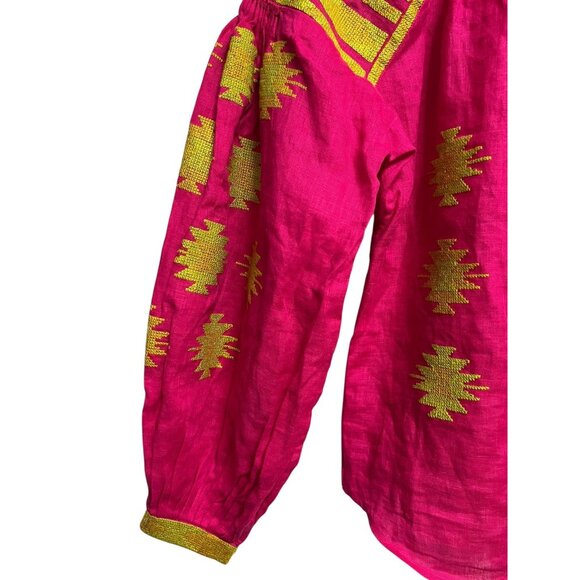 Harna‎ Blouse Womens XS-S Pink Yellow Embroidered Linen Ukraine Boho Tassel Top - Picture 5 of 13